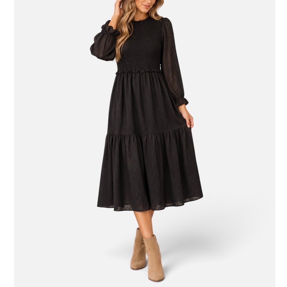 Hayden Los Angeles sz M Black Puff Sleeve Tiered Long Midi Dress Cottage Goth